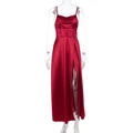 Detail of high-slit hem and waist stitching on a dark red satin evening gown - S / Red