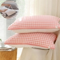 Pink and white checkered cotton gauze pillow towel with secure anti-slip strap design - With Straps-Set / Pink Grid
