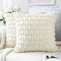 Cream white plush pillow covers with 3D geometric patterns on a cozy knitted blanket - 18x18 Inch / Beige Small Triangle
