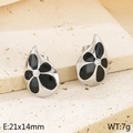 Silver teardrop earrings featuring a black enamel flower and sparkling zircon center - Style I Drop Enamel Flower (KE115080-K)