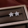 Macro shot of silver star stud earrings with pavé zircons in a dark jewelry box - Silver Needle-Silver-Double Hollow Star(54#)