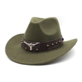 Dettaglio del cappello da cowboy in lana verde oliva con fascia in pelle e emblema toro - M（56-58cm） / Verde militare