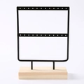 Double-layer black metal earring organizer rack with a natural wooden base for jewelry - 24 Holes / Black