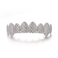 Detailed view of silver hip hop iced-out teeth grillz with shiny zircon stones - Silver (Upper Teeth)