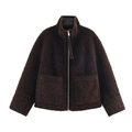 Chaqueta de pelo sintético marrón oscuro para mujer con cremallera y cuello levantado - XS / café