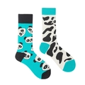 Asymmetric panda and cow pattern crew socks in sky blue and cream cotton blend - Blue White Panda