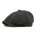 Classic dark grey herringbone wool newsboy cap with traditional vintage textured pattern - Black / Elastic Band