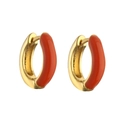 Detail of red enamel C-shaped hoop earrings with polished gold-plated metal base - Orange