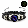 Luminous black leather Sagittarius constellation bracelet with adjustable glow charm - Sagittarius / Black