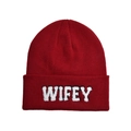 Close-up of WIFEY fuzzy letter embroidery on a burgundy knit beanie hat - One Size / Burgundy