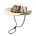 Detail of light beige woven straw cowboy hat featuring brown feathers and ethnic band - M (56-58cm) / Creamy White