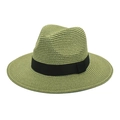 Detail of army green straw Panama hat with black grosgrain ribbon on white background - Army Green