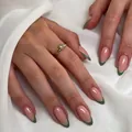 Short almond press-on nails in nude pink with elegant green French tips, 24 piece set - Bz1487 Gentle Breeze And Bright Moon / Glue Type