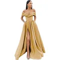 Elegante abito da sera in raso champagne con spalle scoperte, spacco alto e gonna lunga - US 10 / Oro