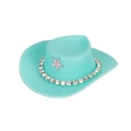 Mini mint green cowboy hat with rhinestone chain and pink star for doll accessories - Green Cowboy Hat With White Rhinestone Chain