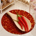 Detail view of round flannel mat with realistic red chili and wood spoon print pattern - 120x120cm / Red Chili and Wood Spoon