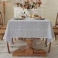 Modern grey checkered waterproof tablecloth with elegant white fringe tassels - 140*260cm / Japanese Grey (Waterproof Embroidered Plaid)