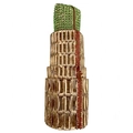 Detailed view of lipstick-shaped clutch featuring green and red rhinestones on gold frame - Gold Green