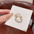 Detail of gold double-layer open ring featuring micro-pave cubic zirconia and chain link design - Adjustable Open / Gold - Double Layer Chain Zirconia