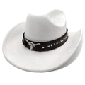 Detail of white suede cowboy hat with studded leather band and silver longhorn ornament - White / M (56-58cm)
