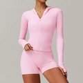 Three-piece light pink zip-up yoga set with hooded jacket and fitted athletic shorts - S / Top And Bottom / Sakura Pink