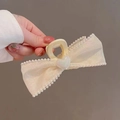 Elegant cream mesh cloud bow hair claw clip with pearl edges and pearl heart detail - Creamy White Bow Heart-Claw Clip