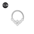 Silver F136 titanium piercing ring with a V-shaped cluster of 7 clear round zircons - Style 6 / Silver