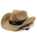 Foldable straw cowboy hat for men with leather band and metal horseshoe detail - M (56-58cm) / Khaki