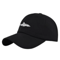 Detailed view of white shark embroidery on a black cotton canvas baseball cap - Adjustable / Solid Black