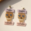 Pendientes de calavera de acrílico rosa jaspeado con colgantes de Happy Everyday - 1831 Calavera Dorada con Purpurina