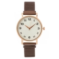 Women's quartz watch with rose gold case, white dial, and brown magnetic mesh strap - Coffee