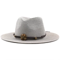 Hellgrauer Strohhut in Fedora-Form mit dunklem Band und Sonnenblumen-Holzverzierung - M (56-58cm) / Grau