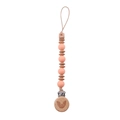 Detail of pink silicone beads and beech wood pacifier clip with rainbow engraving - Rose Pink