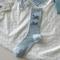 Light blue mid-calf ballet style socks with ribbed texture and navy plaid ribbon bows - One Size / Gingham Blue