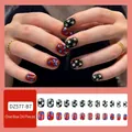 Press-on nails in dark green and reddish brown with blue white floral patterns - Jelly Glue Type / DZ577-B7 Green/Brown Floral Rhyme