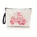 Portable beige canvas makeup bag featuring a pink cartoon truck and strawberry print - Truck With Strawberries