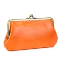 Vintage orange genuine leather kiss-lock clutch bag with retro brass hardware details - Orange