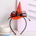 Diadema de Halloween con mini sombrero de bruja naranja, telaraña púrpura y lazo negro - Estilo de telaraña colorida naranja