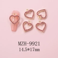 Detailed view of pink heart nail charms with gold alloy base and rhinestones - Gold Large Heart Pave Pink Rhinestone Charm (9921)