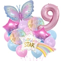 Detail of pink number 9 and butterfly foil balloons for girls' birthday party decor - Number 9 Set