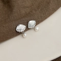 Baroque scallop shell stud earrings with white freshwater pearls and cubic zirconia - Style 31