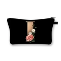 Polyester makeup bag in black featuring a floral letter I print and gold zipper - Letter I
