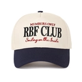 Retro five-panel RBF Club trucker cap with beige crown, navy brim, and 3D embroidery - Navy Blue