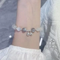 Detail of beaded bracelet with cat eye stones and small silver bells on the wrist - S008-grey Moonstone [imitation Cat's Eye Stone] #sz112