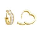 Golden heart-shaped hoop earrings with rectangular baguette cubic zirconia inlay - White
