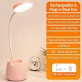 Pink LED desk lamp with ring light, flexible neck, and built-in pen holder phone stand - Pink [XH4000 Rechargeable] Dimmable & Color Change + Cable + Adapter
