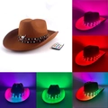 Brown felt cowboy hat with LED brim and bull head buckle showing five lighting modes - Red Coffee Cowboy Hat-RGB Remote Control