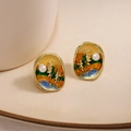 French vintage enamel earrings with white pearl detail on beige ceramic plate - E1912-8 / Irregular Oval Enamel Oil Painting Pearl