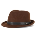 Brown wool felt jazz hat featuring a black leather band and a gold metallic M buckle - Coffee-Black Belt
