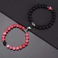 Magnetic couples bracelet set with pink turquoise, black agate beads and heart charms - Pink Stone & Frosted Black With Contrast Heart Magnet